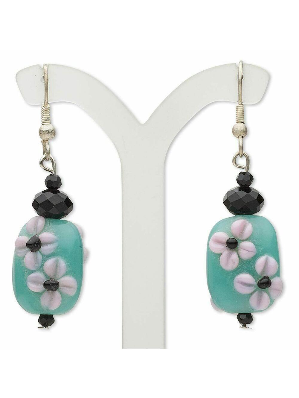 Handmade Bumpy Flower India Lampwork Glass Earrings Mint Green Black